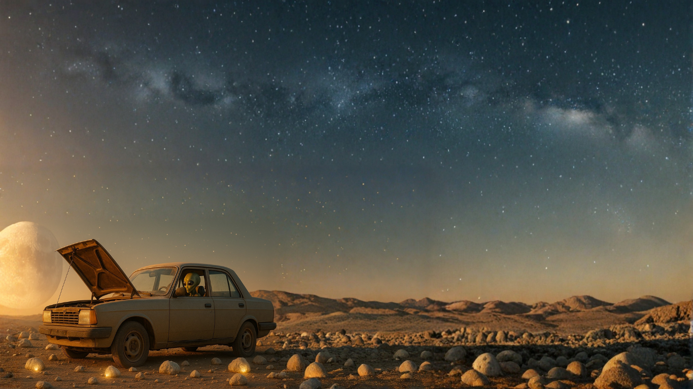 Auto ferma al tramonto nel deserto